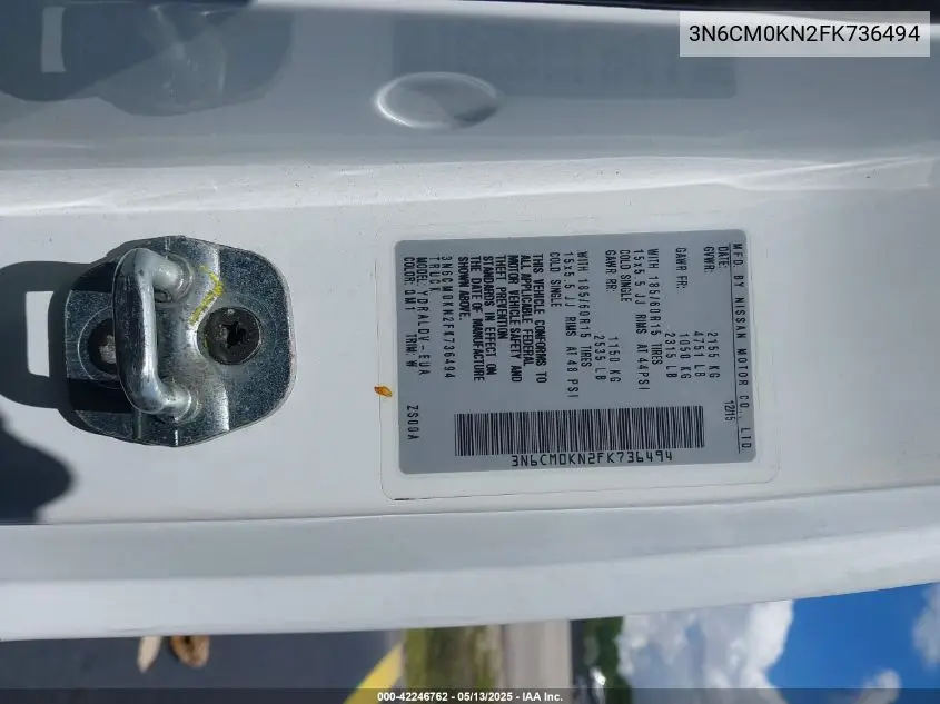 2015 Nissan Nv200 S VIN: 3N6CM0KN2FK736494 Lot: 42246762