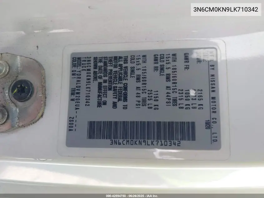 2020 Nissan Nv200 Cargo S Xtronic Cvt VIN: 3N6CM0KN9LK710342 Lot: 42594750