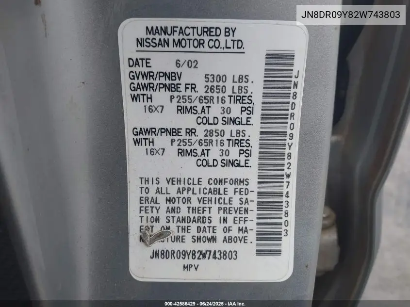JN8DR09Y82W743803 2002 Nissan Pathfinder Se
