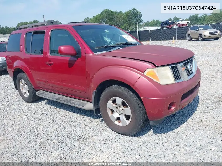 2007 Nissan Pathfinder Se VIN: 5N1AR18U37C647424 Lot: 42588275
