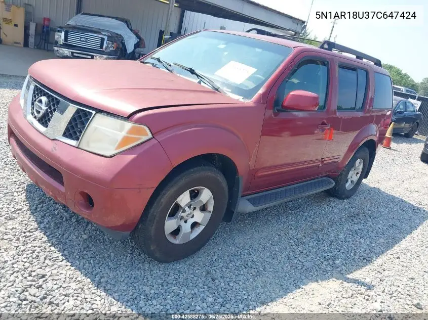 2007 Nissan Pathfinder Se VIN: 5N1AR18U37C647424 Lot: 42588275
