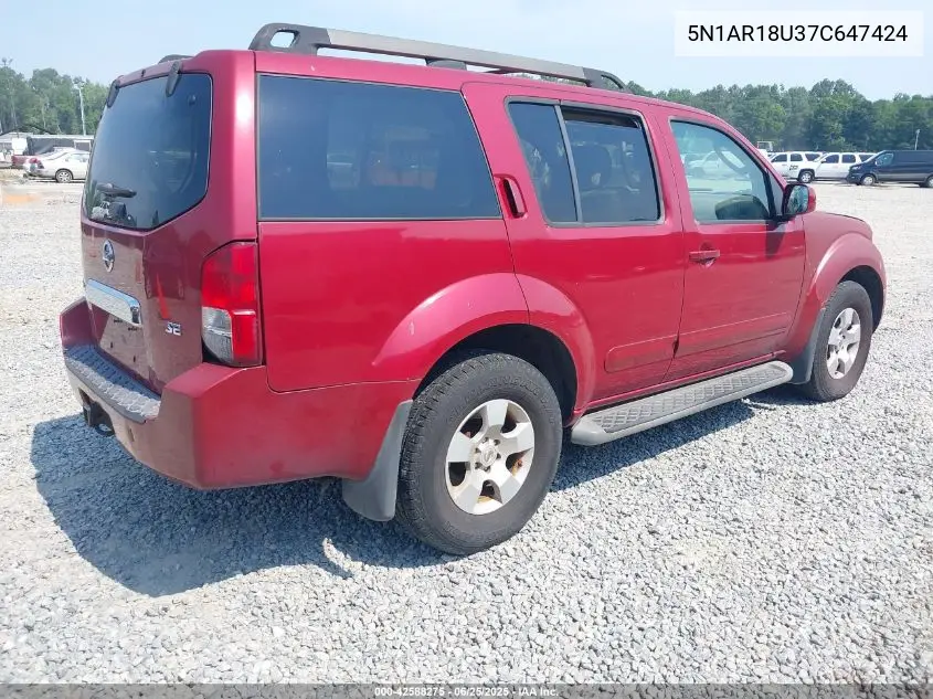 2007 Nissan Pathfinder Se VIN: 5N1AR18U37C647424 Lot: 42588275