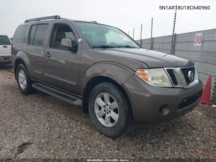 2008 Nissan Pathfinder Se VIN: 5N1AR18U18C640960 Lot: 42629982