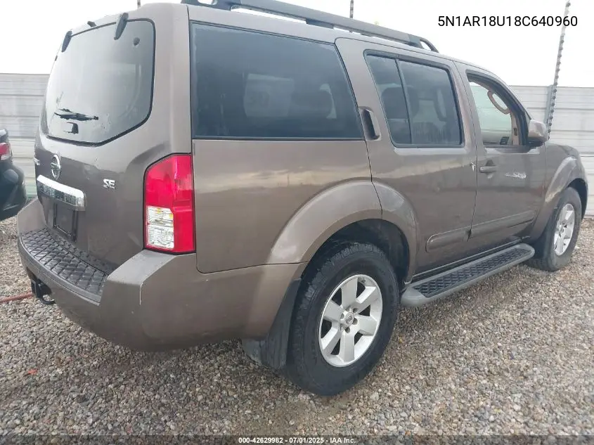 2008 Nissan Pathfinder Se VIN: 5N1AR18U18C640960 Lot: 42629982