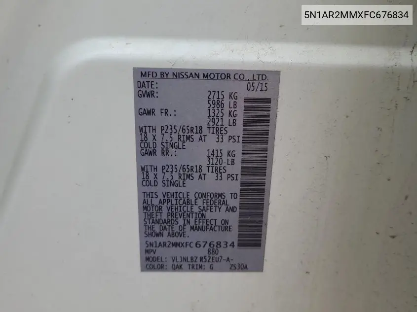 2015 Nissan Pathfinder S/Sv/Sl/Platinum VIN: 5N1AR2MMXFC676834 Lot: 42626424