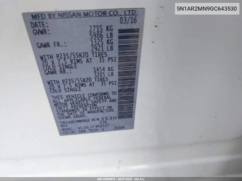 2016 Nissan Pathfinder Platinum VIN: 5N1AR2MN9GC643530 Lot: 42609978