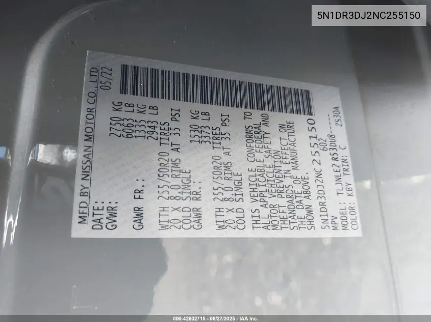 2022 Nissan Pathfinder Platinum 4Wd VIN: 5N1DR3DJ2NC255150 Lot: 42602715