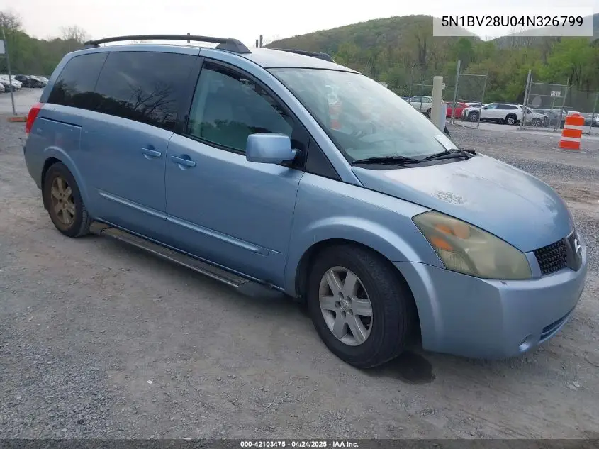 2004 Nissan Quest 3.5 Sl VIN: 5N1BV28U04N326799 Lot: 42103475