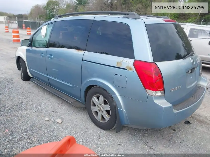 2004 Nissan Quest 3.5 Sl VIN: 5N1BV28U04N326799 Lot: 42103475