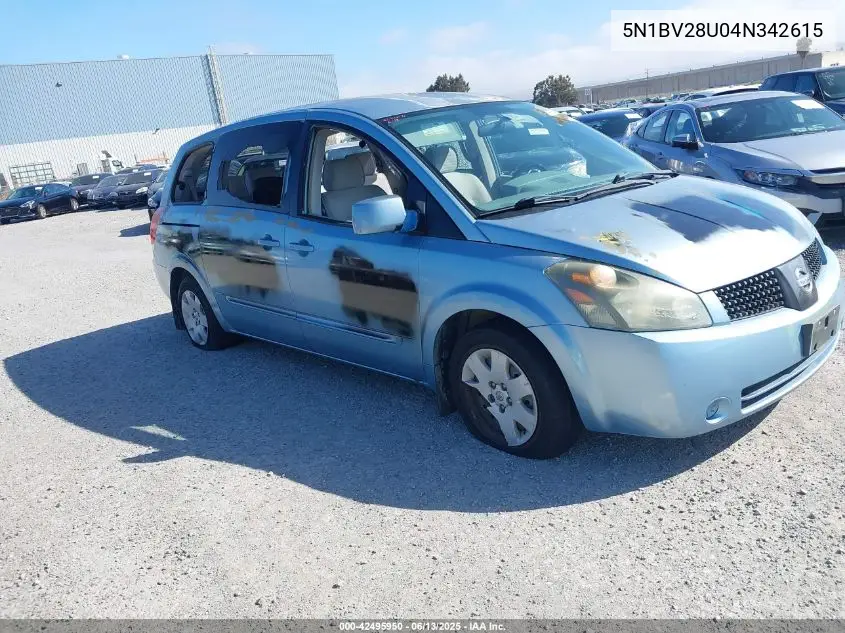 2004 Nissan Quest S VIN: 5N1BV28U04N342615 Lot: 42495950