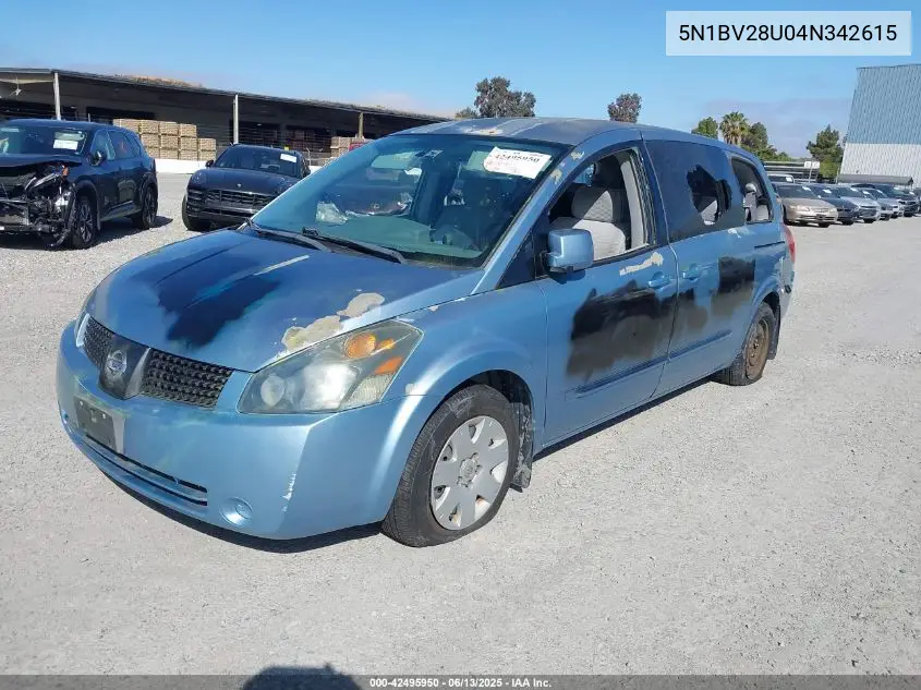 2004 Nissan Quest S VIN: 5N1BV28U04N342615 Lot: 42495950