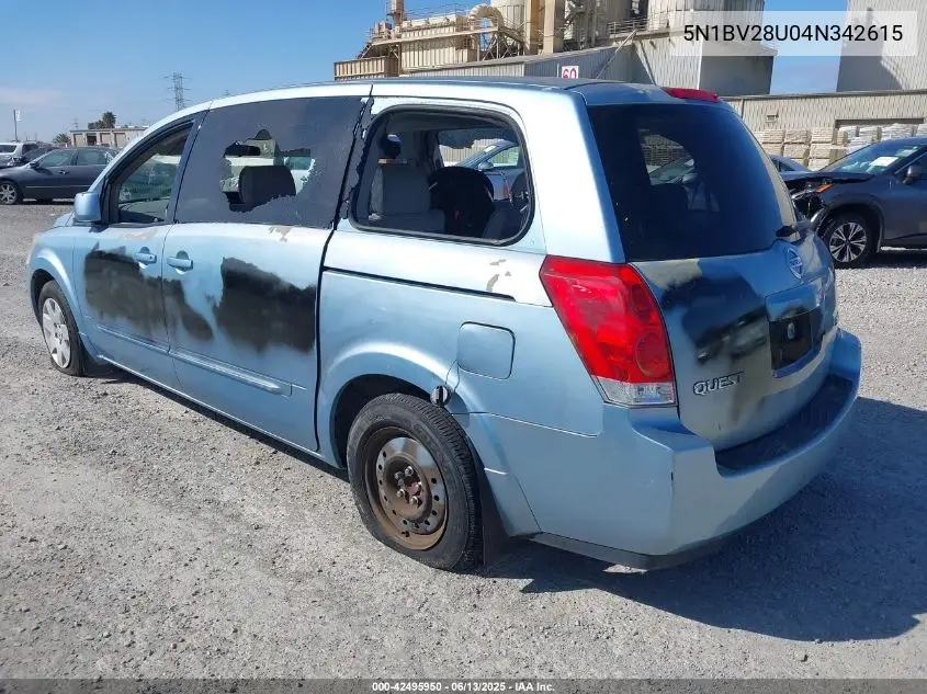 2004 Nissan Quest S VIN: 5N1BV28U04N342615 Lot: 42495950