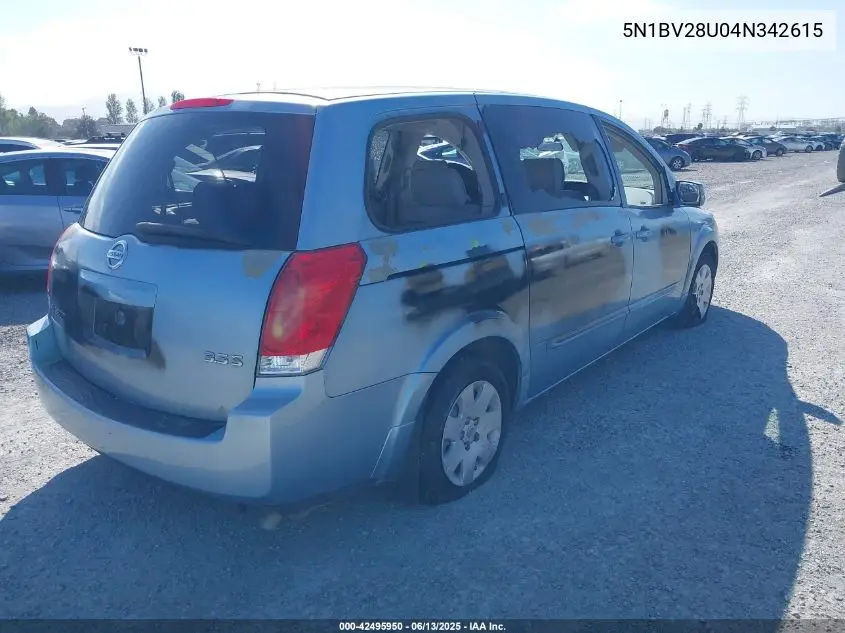 2004 Nissan Quest S VIN: 5N1BV28U04N342615 Lot: 42495950