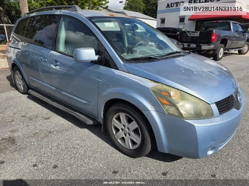 2004 Nissan Quest 3.5 Sl VIN: 5N1BV28U14N331316 Lot: 42627289