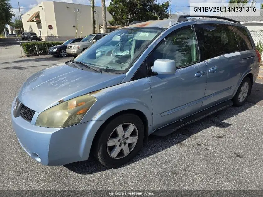 2004 Nissan Quest 3.5 Sl VIN: 5N1BV28U14N331316 Lot: 42627289