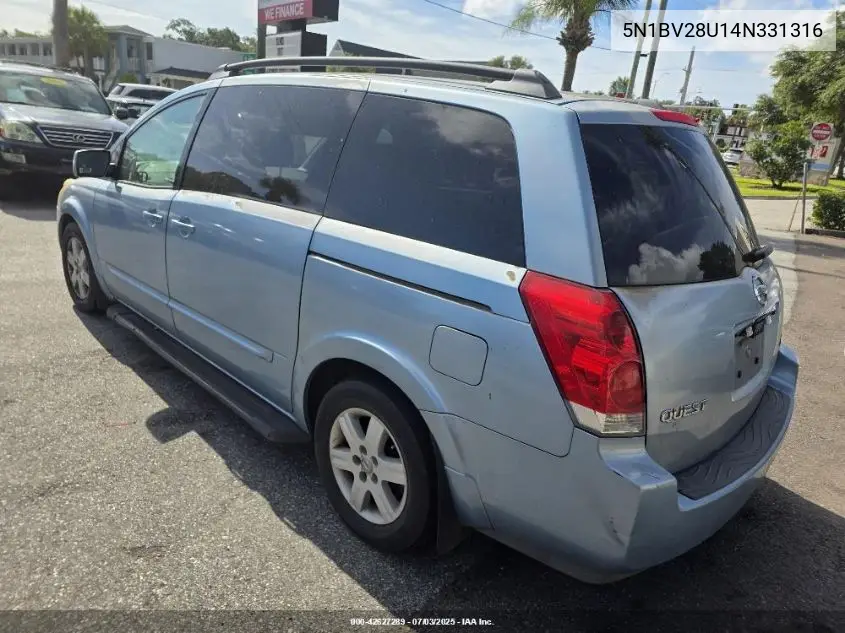 2004 Nissan Quest 3.5 Sl VIN: 5N1BV28U14N331316 Lot: 42627289