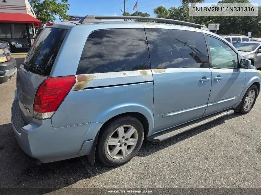 2004 Nissan Quest 3.5 Sl VIN: 5N1BV28U14N331316 Lot: 42627289