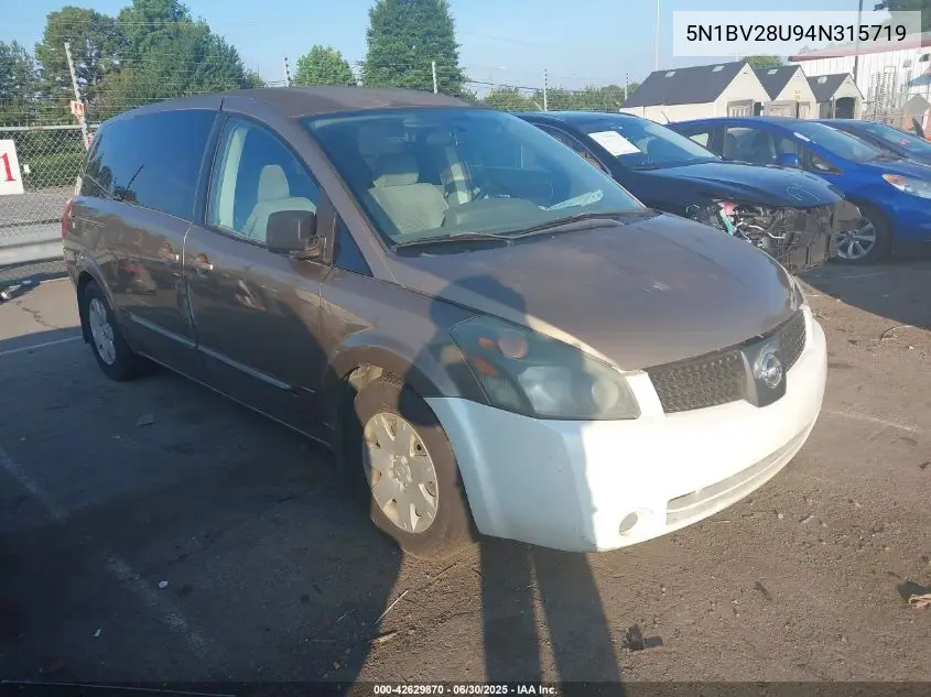 2004 Nissan Quest S/Se/Sl VIN: 5N1BV28U94N315719 Lot: 42629870