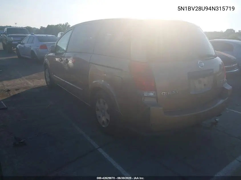 2004 Nissan Quest S/Se/Sl VIN: 5N1BV28U94N315719 Lot: 42629870