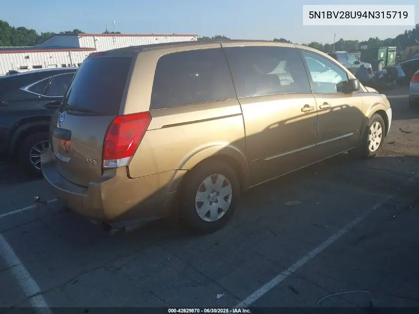 2004 Nissan Quest S/Se/Sl VIN: 5N1BV28U94N315719 Lot: 42629870