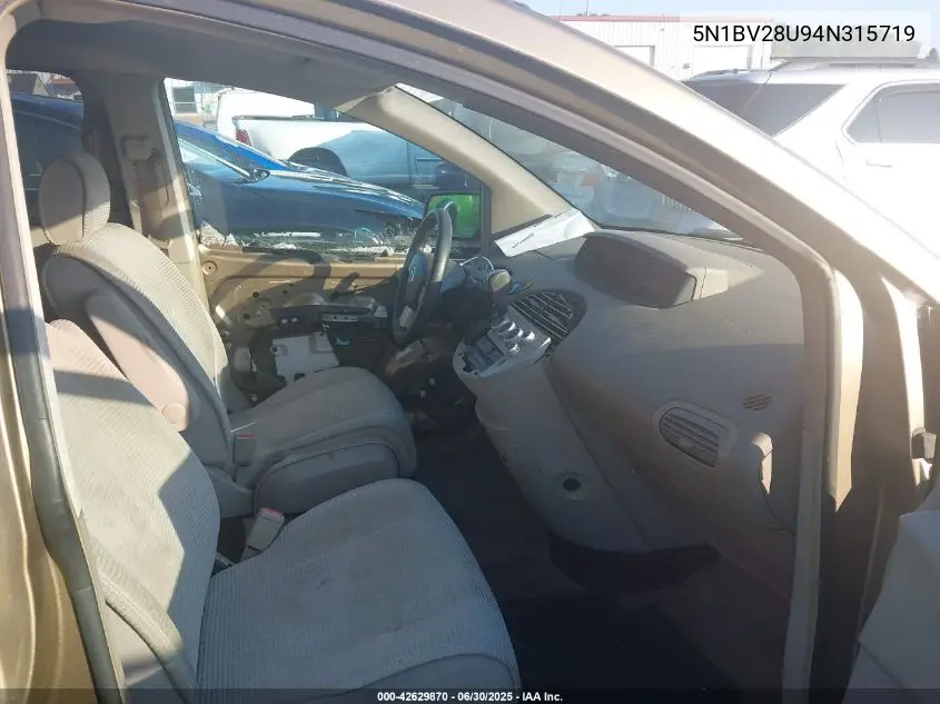 2004 Nissan Quest S/Se/Sl VIN: 5N1BV28U94N315719 Lot: 42629870