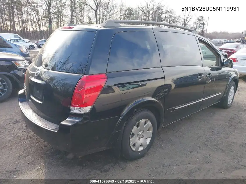 2005 Nissan Quest 3.5 VIN: 5N1BV28U05N119931 Lot: 41576949