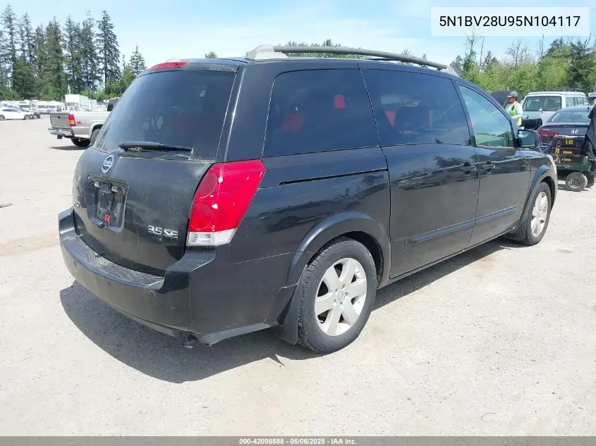 2005 Nissan Quest 3.5 Se VIN: 5N1BV28U95N104117 Lot: 42098588