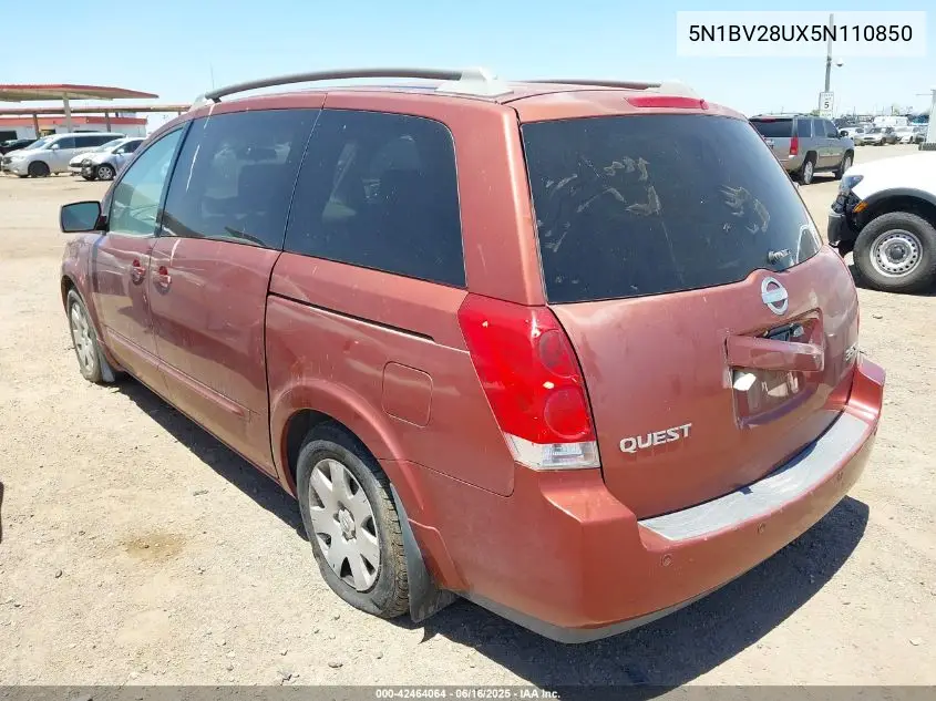 2005 Nissan Quest 3.5 S VIN: 5N1BV28UX5N110850 Lot: 42464064