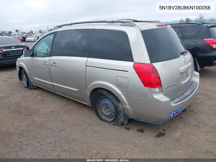 2006 Nissan Quest 3.5 S VIN: 5N1BV28U86N100058 Lot: 42178079