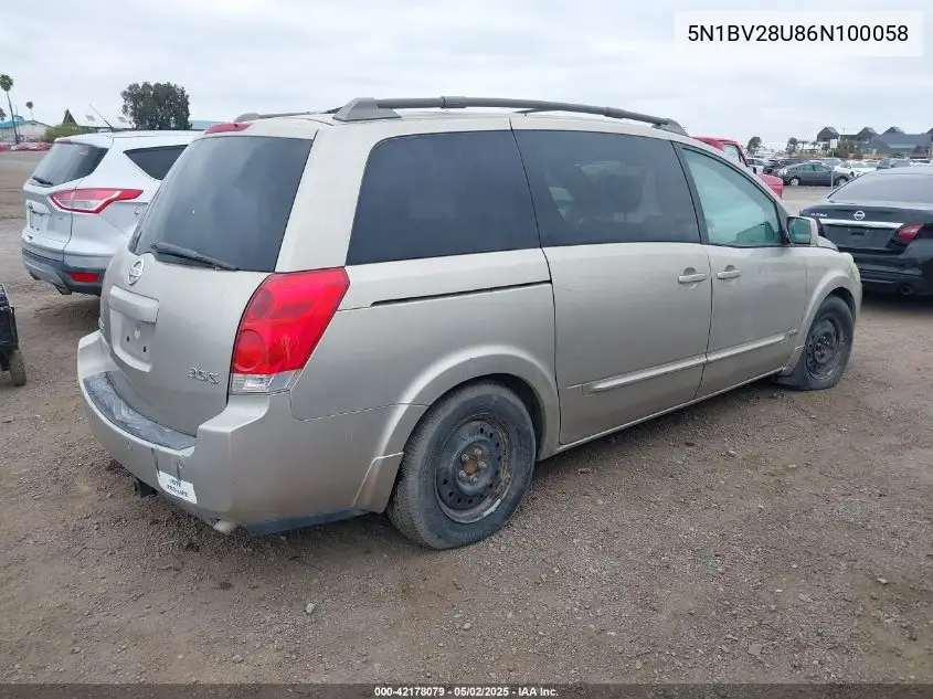 2006 Nissan Quest 3.5 S VIN: 5N1BV28U86N100058 Lot: 42178079