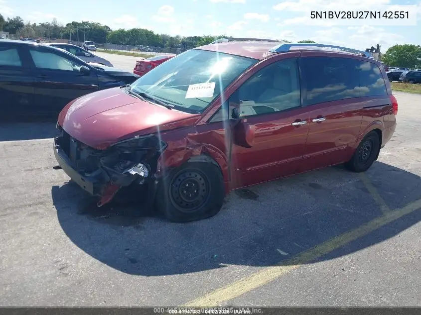 2007 Nissan Quest 3.5 S VIN: 5N1BV28U27N142551 Lot: 41947383