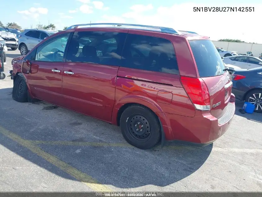 2007 Nissan Quest 3.5 S VIN: 5N1BV28U27N142551 Lot: 41947383