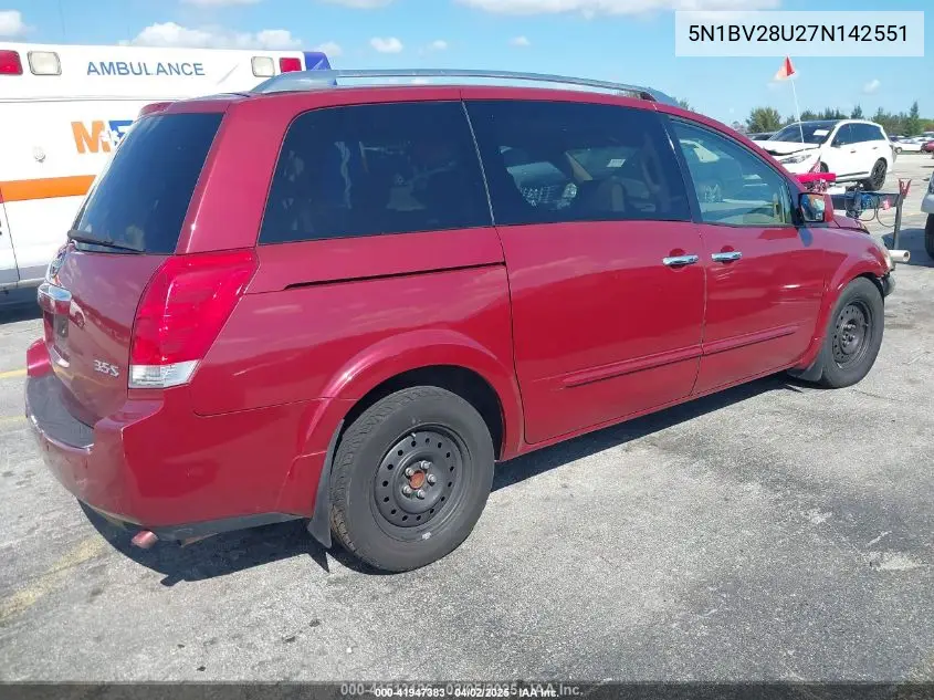 2007 Nissan Quest 3.5 S VIN: 5N1BV28U27N142551 Lot: 41947383