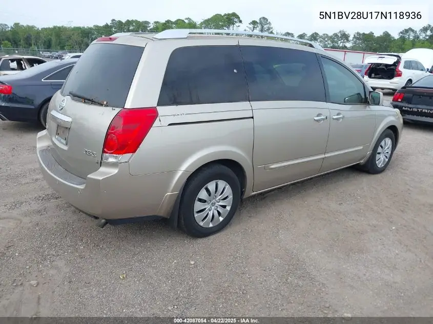 2007 Nissan Quest 3.5 S VIN: 5N1BV28U17N118936 Lot: 42087054