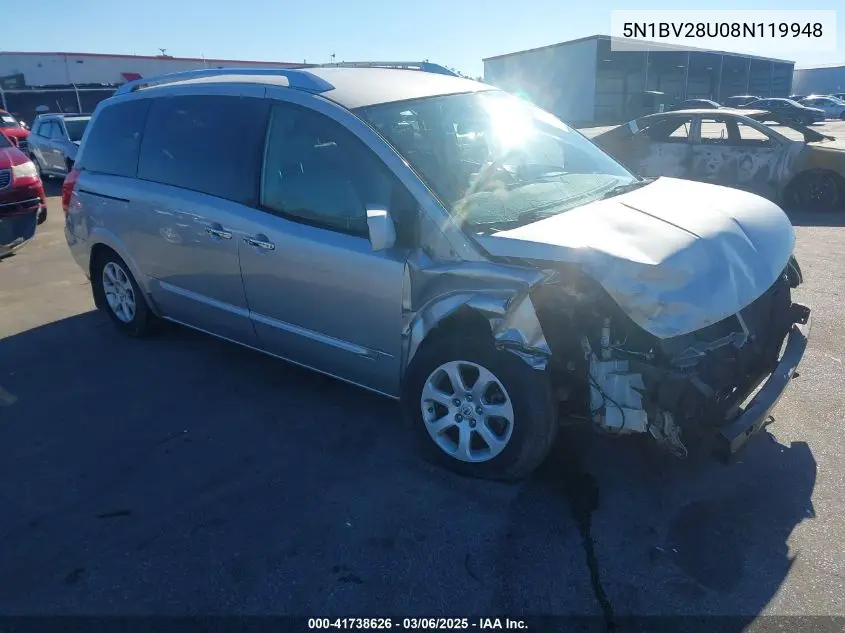 2008 Nissan Quest 3.5 S VIN: 5N1BV28U08N119948 Lot: 41738626