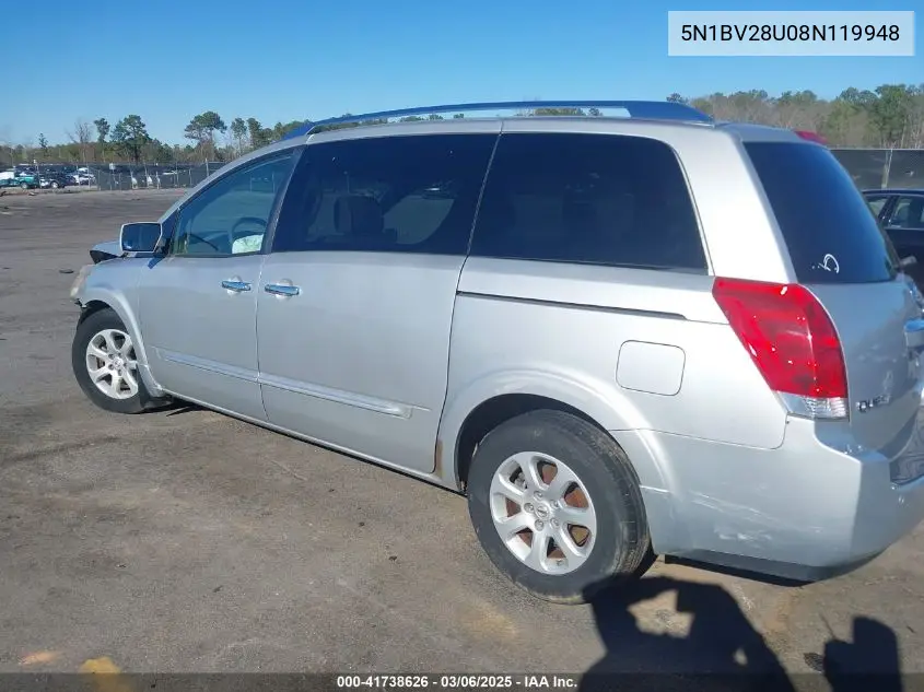 2008 Nissan Quest 3.5 S VIN: 5N1BV28U08N119948 Lot: 41738626