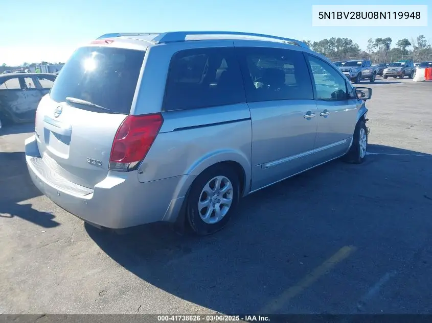 2008 Nissan Quest 3.5 S VIN: 5N1BV28U08N119948 Lot: 41738626