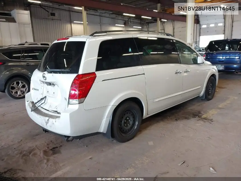 2008 Nissan Quest 3.5 S VIN: 5N1BV28U18N114645 Lot: 42140741