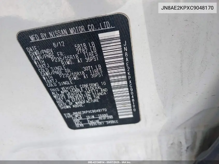 2012 Nissan Quest Sl VIN: JN8AE2KPXC9048170 Lot: 42194914