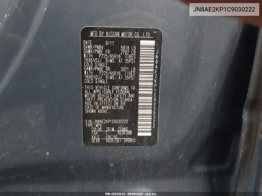2012 Nissan Quest S VIN: JN8AE2KP1C9030222 Lot: 42235214