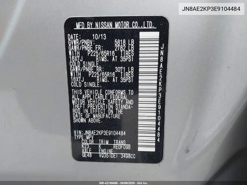 2014 Nissan Quest Sv VIN: JN8AE2KP3E9104484 Lot: 42186466