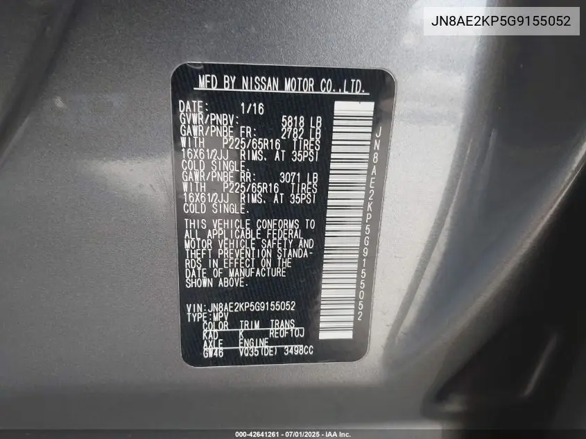 2016 Nissan Quest S VIN: JN8AE2KP5G9155052 Lot: 42641261