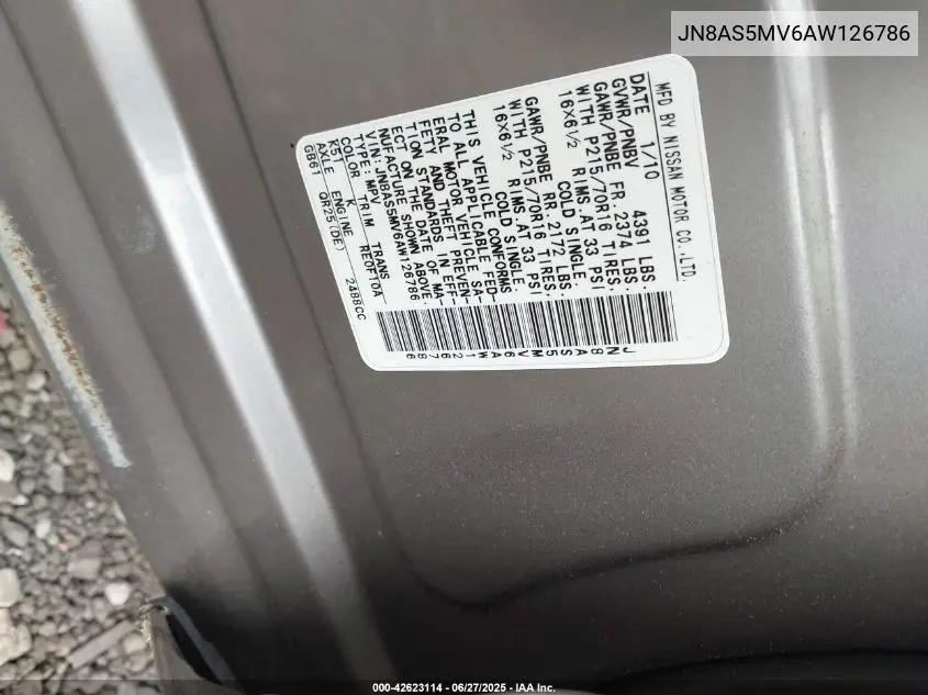 2010 Nissan Rogue S VIN: JN8AS5MV6AW126786 Lot: 42623114