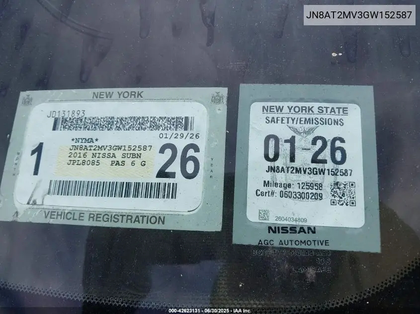 2016 Nissan Rogue S VIN: JN8AT2MV3GW152587 Lot: 42623131
