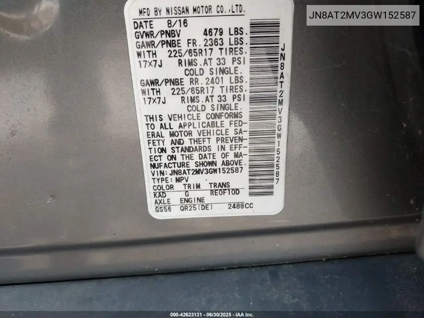 2016 Nissan Rogue S VIN: JN8AT2MV3GW152587 Lot: 42623131