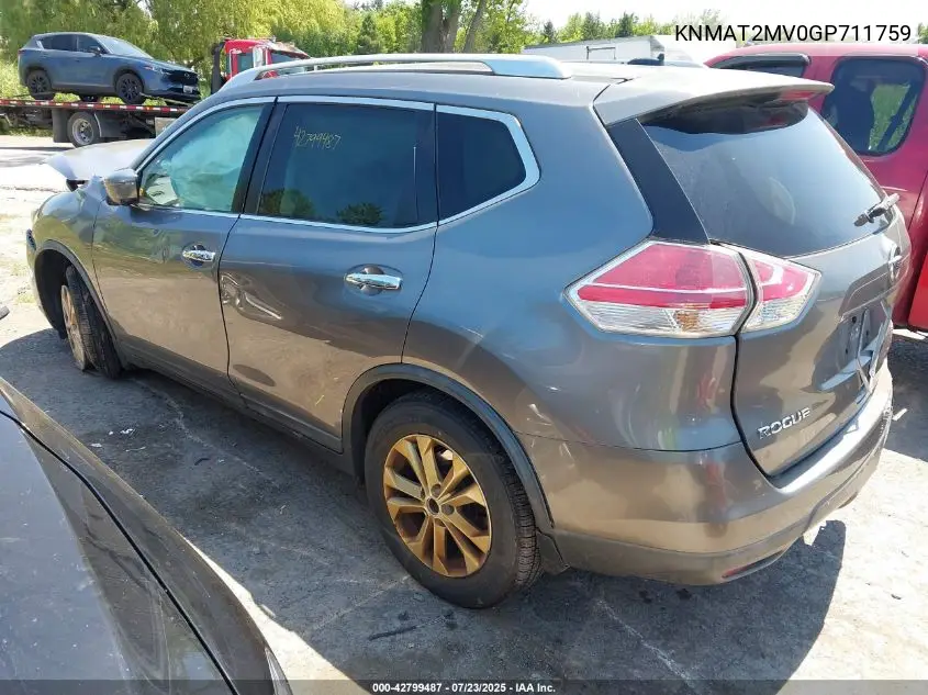 2016 Nissan Rogue Sv VIN: KNMAT2MV0GP711759 Lot: 42799487