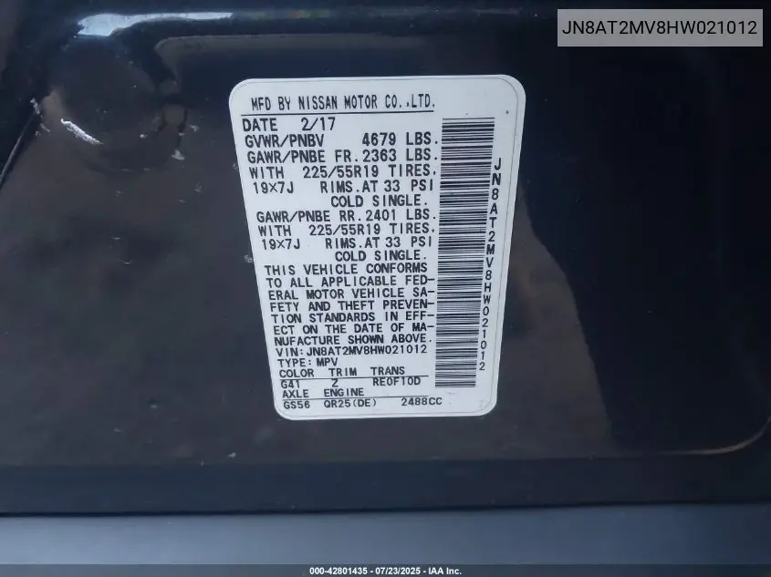 2017 Nissan Rogue Sl VIN: JN8AT2MV8HW021012 Lot: 42801435