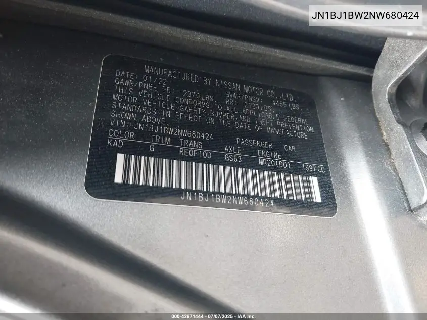 2022 Nissan Rogue Sport Sv Awd Xtronic Cvt VIN: JN1BJ1BW2NW680424 Lot: 42671444
