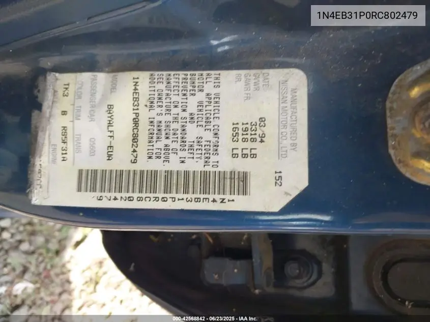 1994 Nissan Sentra E/Xe/Gxe/Le VIN: 1N4EB31P0RC802479 Lot: 42568842