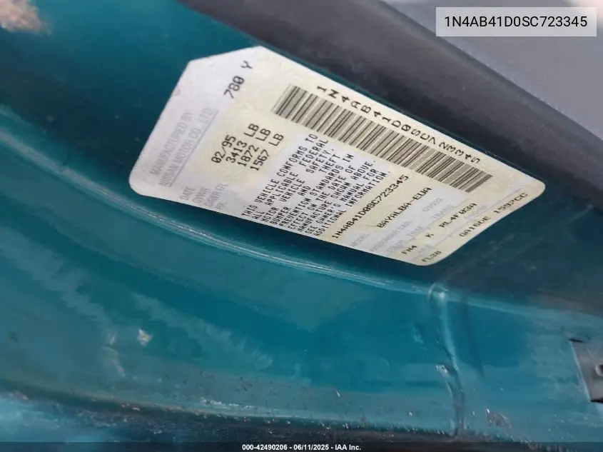1995 Nissan Sentra Xe/Gxe/Gle VIN: 1N4AB41D0SC723345 Lot: 42490206